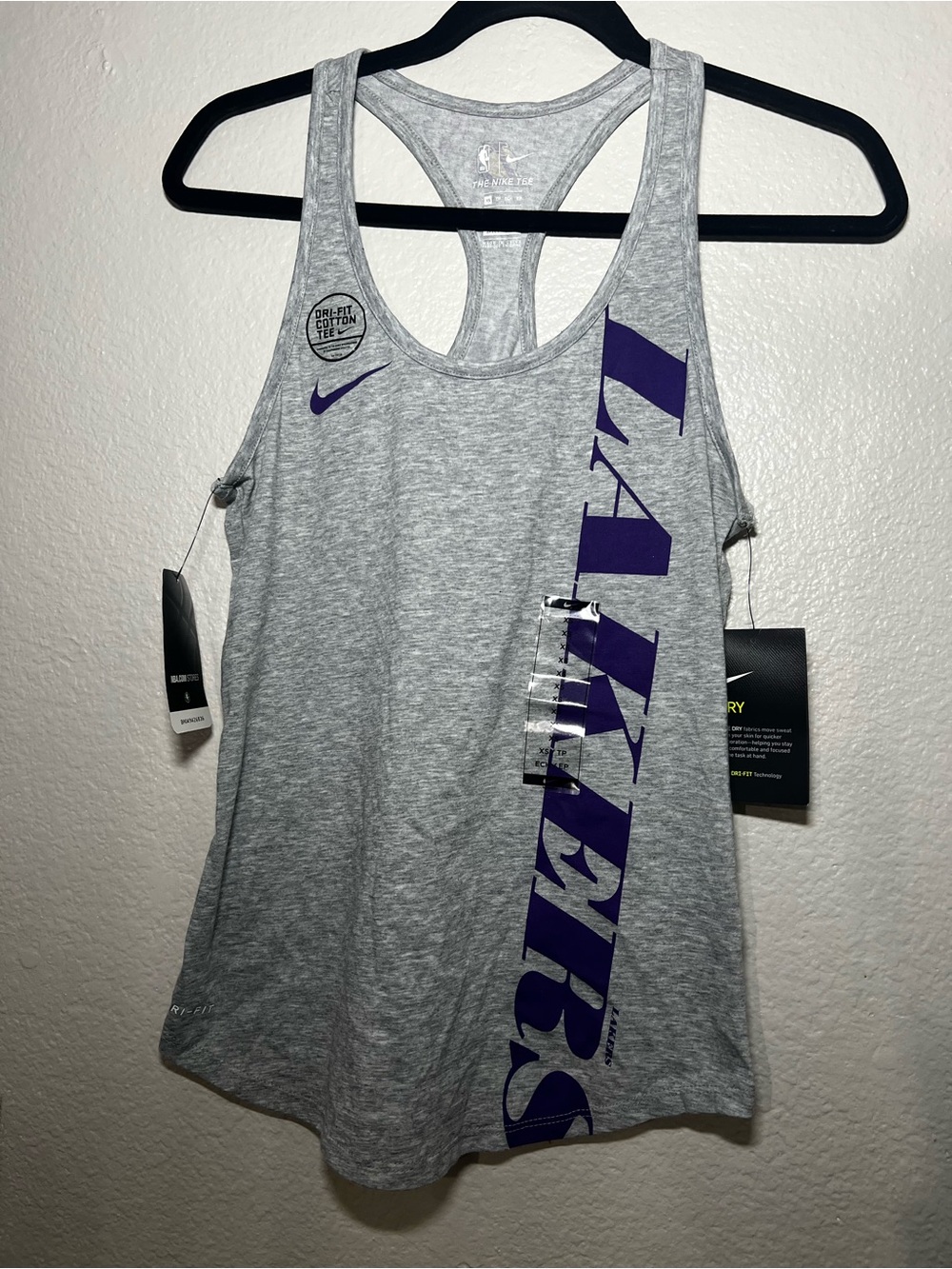 Nike Women’s Gray Racerback Tank with Purple LAKERS Vertical Logo
